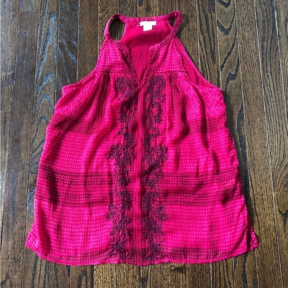 Lucky Brand Women's M Hot Pink Halter Neck Sheer Overlay Embroidered Blouse/Tank